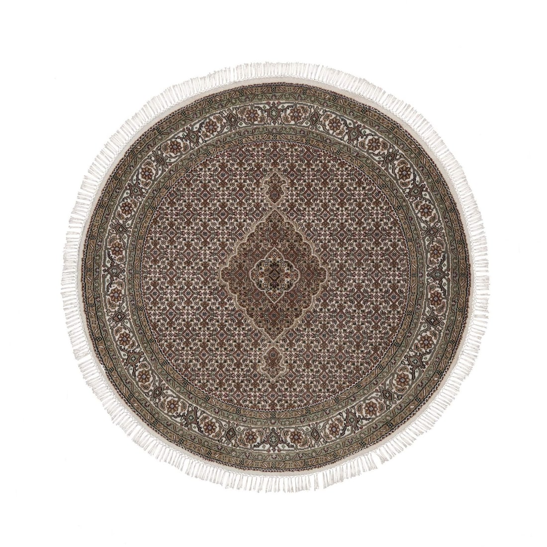 Ivory Tebraz Mahi Medallions 5' Round 5' 175 KPSI Hand Knotted Wool Design: Ivory Tebraz Mahi Medallions 5' Round 5' 175 KPSI Hand Knotted Wool Design The Ivory Tebraz Mahi Medallions 5' round rug boasts a stunning hand-knotted wool design, featuring a classic medallion patte