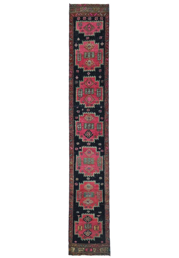 2X13 Vintage Distressed Runner Rug Geometric Tribal Oriental Hallway Carpet Hand-Knotted: 2X13 Vintage Distressed Runner Rug Geometric Tribal Oriental Hallway Carpet Hand-Knotted Hand-knotted in wool, this 2'2 x 13'4 vintage distressed runner rug boasts a unique geometric tribal design in 