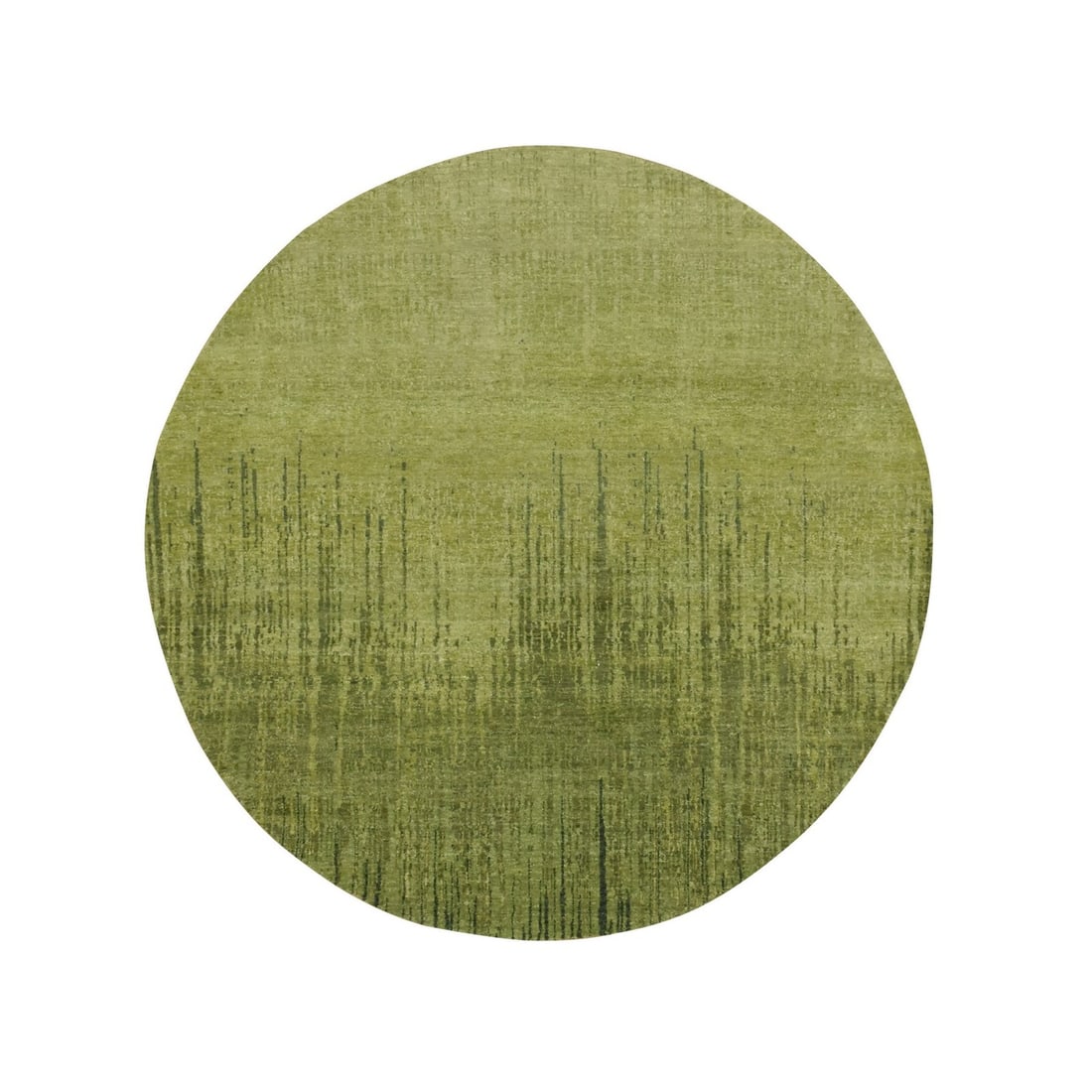 Hand Knotted Rug 6'2"x6'2" Pickle Green Vertical Ombre Design Wool Round: Hand Knotted Rug 6'2"x6'2" Pickle Green Vertical Ombre Design Wool Round Hand-knotted wool rug in a striking pickle green vertical ombre design, measuring 6'2" x 6'2" in a round field shape. The rug f
