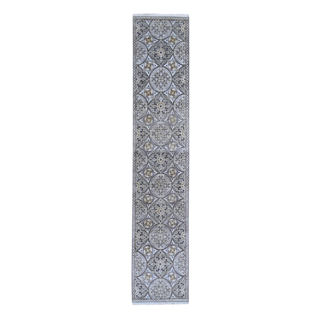2'6"x12'3" Textured Wool and Silk Mughal Inspired Medallions Design Rug: 2'6"x12'3" Textured Wool and Silk Mughal Inspired Medallions Design Rug Textured Wool and Silk Mughal Inspired Medallions Design Rug boasts a rich, brown field with intricate, hand-knotted medallions 