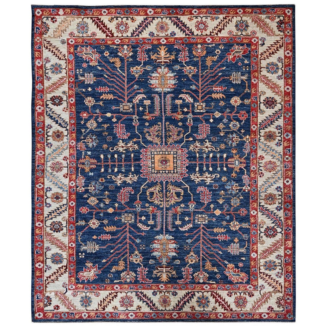 Peshawar rug Yale Blue 8'x9' Hand Knotted Wool All Over Design: Peshawar rug Yale Blue 8'x9' Hand Knotted Wool All Over Design The Peshawar rug is a stunning example of traditional Heris design, boasting an all-over blue field with intricate patterns and subtle re