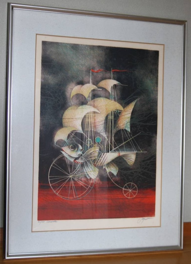 French Surreal Signed Framed Lithograph Caravelle 150/ 65 Pierre (1 of 6)