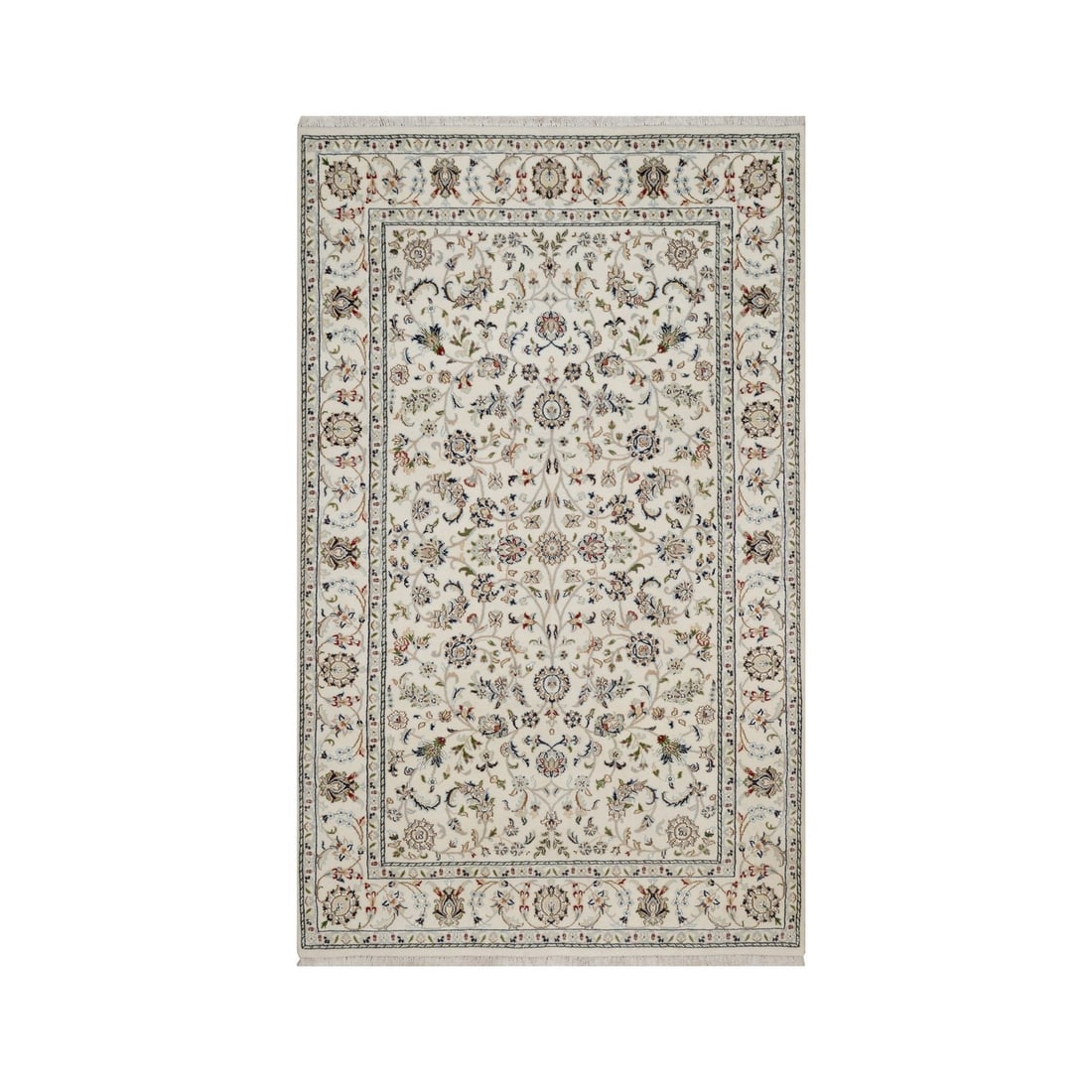 4'10"x8' Ivory Nain All Over Design Soft Pile Wool & Silk Hand Knotted Rug: 4'10"x8' Ivory Nain All Over Design Soft Pile Wool & Silk Hand Knotted Rug Ivory Nain All Over Design Soft Pile Wool & Silk Hand Knotted Rug features a stunning medallion pattern in a range of colors,