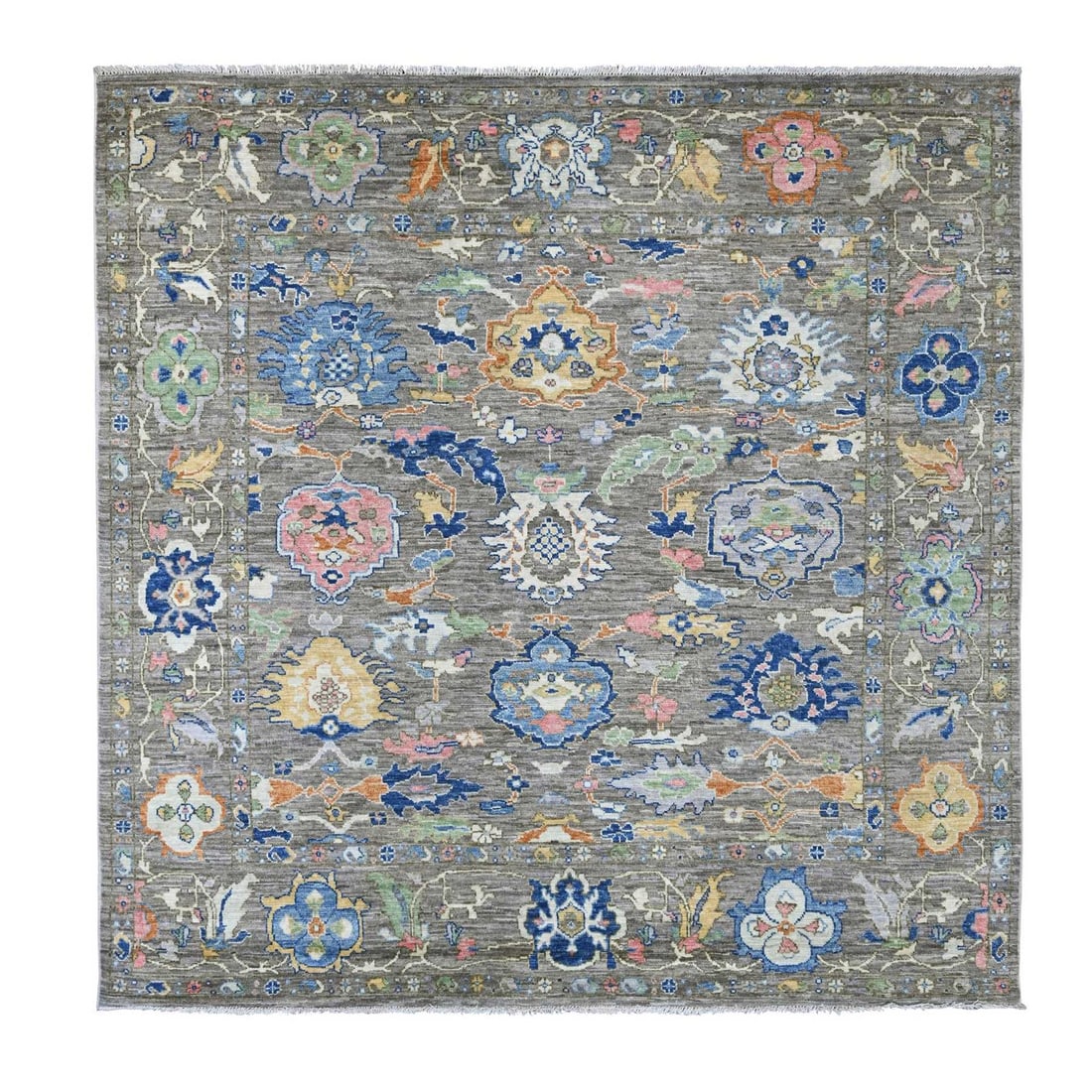 8'x8' Dim Gray Hand Knotted Angora Oushak Leaf Design Pure Wool Square Rug: 8'x8' Dim Gray Hand Knotted Angora Oushak Leaf Design Pure Wool Square Rug The 8'x8' Dim Gray Hand Knotted Angora Oushak Leaf Design Pure Wool Square Rug boasts a stunning floral pattern, characterist