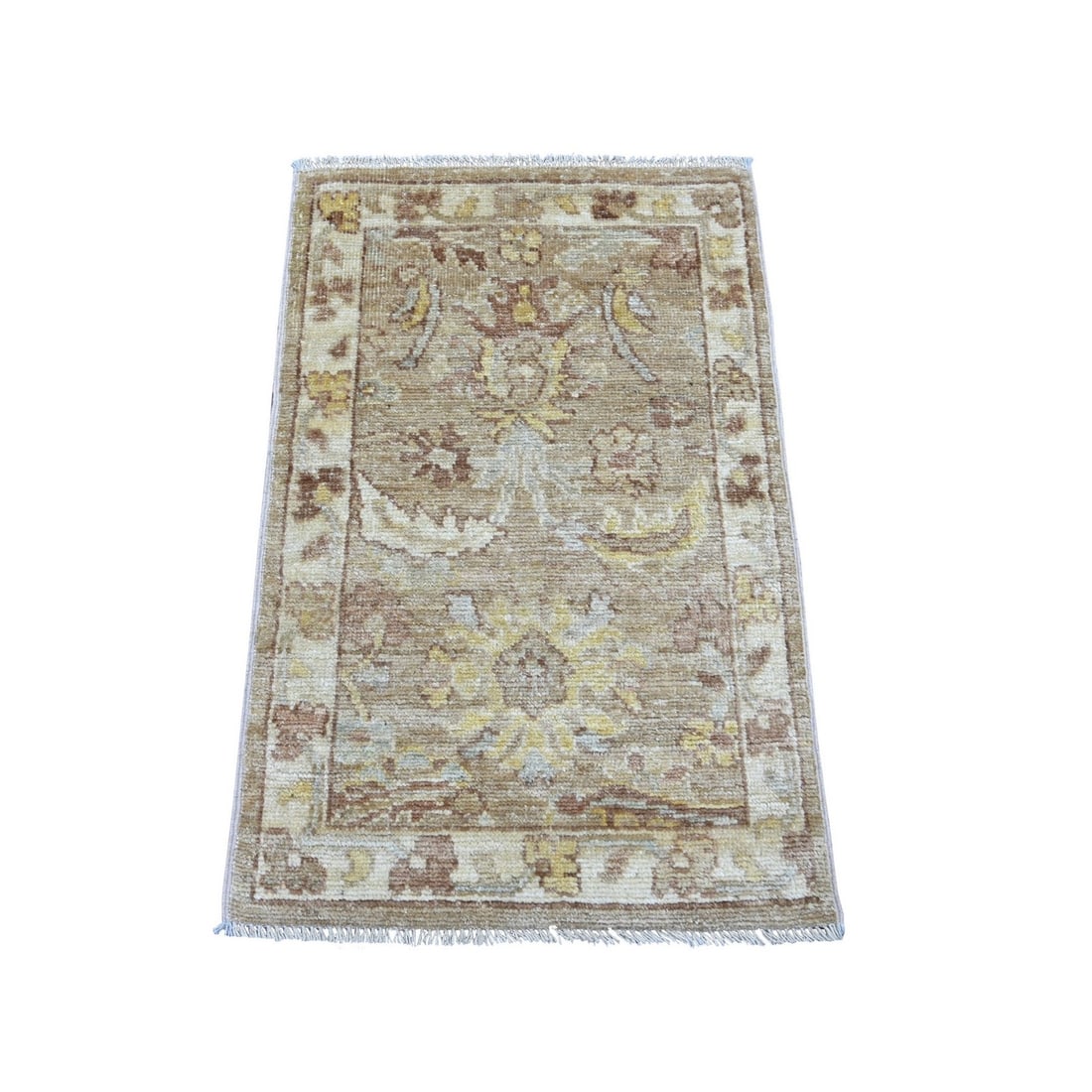 Afghan Angora Oushak Leaf Design Brown Hand Knotted Wool Mat Rug: Afghan Angora Oushak Leaf Design Brown Hand Knotted Wool Mat Rug The Afghan Angora Oushak Leaf Design Brown Hand Knotted Wool Mat Rug is a stunning example of traditional Afghan craftsmanship, featuri