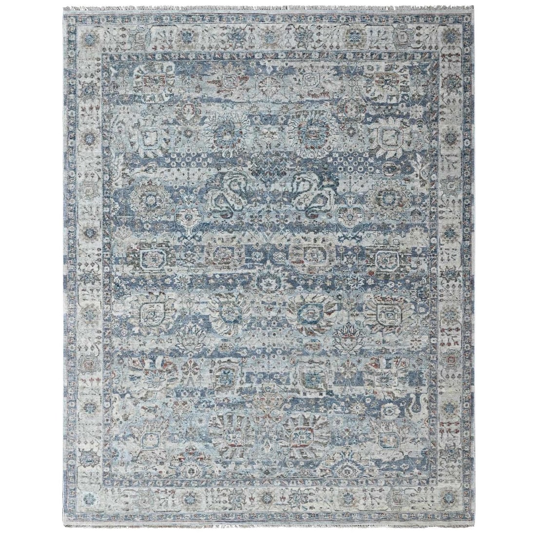 Gray Low Hand Zoroastrian 8'x10'1" Wool Knotted Erased Design Sheared Rug: Gray Low Hand Zoroastrian 8'x10'1" Wool Knotted Erased Design Sheared Rug Gray Low Hand Zoroastrian 8'x10'1" Wool Knotted Erased Design Sheared Rug - A stunning, hand-knotted wool rug with a unique al