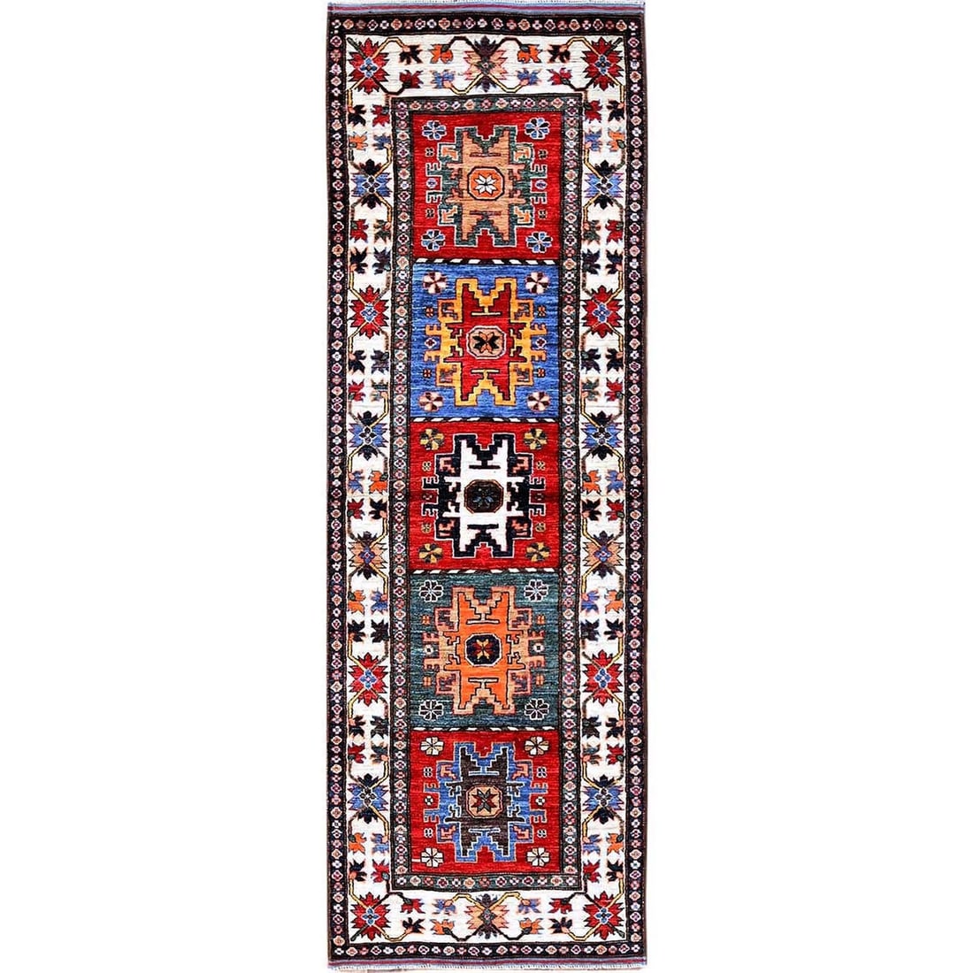 Colorful Hand Knotted Caucasian Design Revival Wool Runner Rug 2'8"8'3: Colorful Hand Knotted Caucasian Design Revival Wool Runner Rug 2'8"8'3 Hand-knotted with vibrant red wool, this 2'8" x 8'3" Caucasian design revival runner rug boasts a striking geometric pattern and 