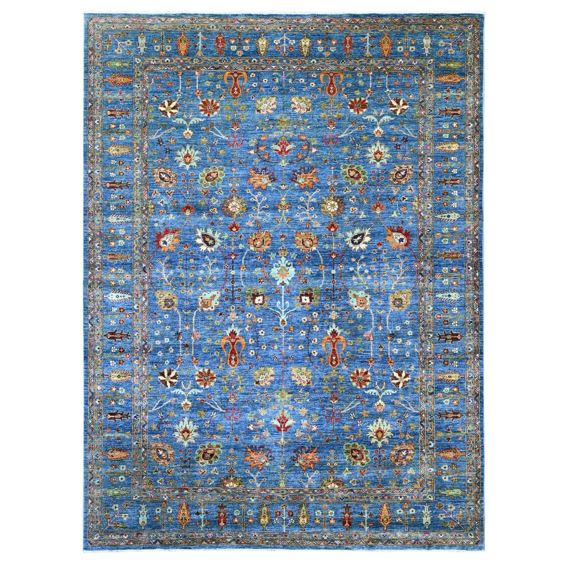 9'x12' Blue Afghan Sultani with All Over Design Hand Knotted Soft Wool Rug: 9'x12' Blue Afghan Sultani with All Over Design Hand Knotted Soft Wool Rug Softly glowing blue hues cover this 9'x12' hand-knotted Sultani rug, featuring an all-over design that showcases the artisan'