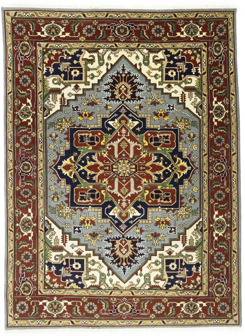 Heriz Serapi Oriental Rug Large 9X12 Ft Geometric Farmhouse Bedroom Carpet Hand-Knotted: Heriz Serapi Oriental Rug Large 9X12 Ft Geometric Farmhouse Bedroom Carpet Hand-Knotted Hand-knotted in wool and cotton, this 9'0 x 12'1 Geometric Farmhouse Bedroom Carpet boasts a stunning array of l