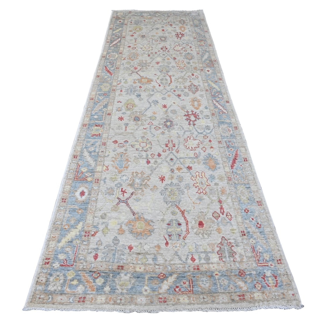 3'10"x12'3" White Angora Oushak Leaf Design Hand Knotted Wool Runner Rug: 3'10"x12'3" White Angora Oushak Leaf Design Hand Knotted Wool Runner Rug This stunning 3'10"x12'3" White Angora Oushak Leaf Design Hand Knotted Wool Runner Rug boasts a striking ivory color and intric