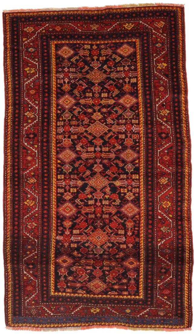 4X7 Semi-Antique Shirvan Oriental Rug Handmade Carpet Tribal Geometric Design Hand-Knotted: 4X7 Semi-Antique Shirvan Oriental Rug Handmade Carpet Tribal Geometric Design Hand-Knotted Hand-knotted in wool, this 4'3 X 7'3 semi-antique Shirvan Oriental rug boasts a vibrant geometric design in a