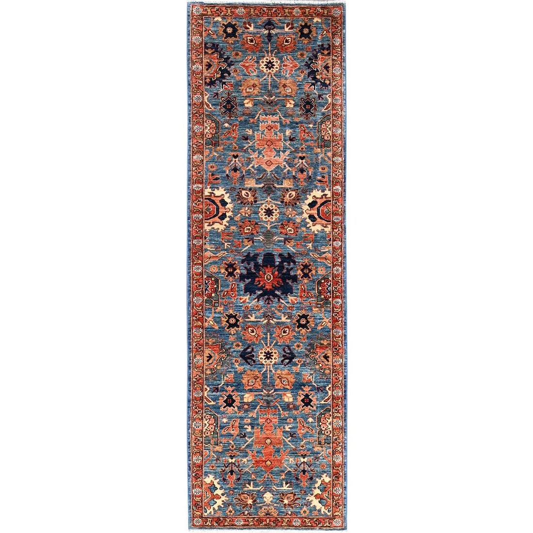 Soft Hand Knotted Wool Design Over Heris Bayern Blue Rug Runner: Soft Hand Knotted Wool Design Over Heris Bayern Blue Rug Runner Soft, hand-knotted wool design adorns this stunning blue Heris rug runner from Afghanistan, featuring an all-over regional pattern. The 