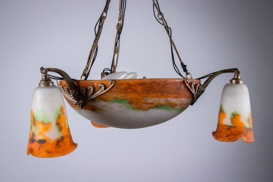 Signed Chandelier Gilt Bronze Art Glass Excellent French Art Deco: Signed Chandelier Gilt Bronze Art Glass Excellent French Art Deco Item Specifics: Type: Chandelier Size: Large Color: Multi-Color Style: Art Deco Original/Reproduction: Vintage Original Material: Bron