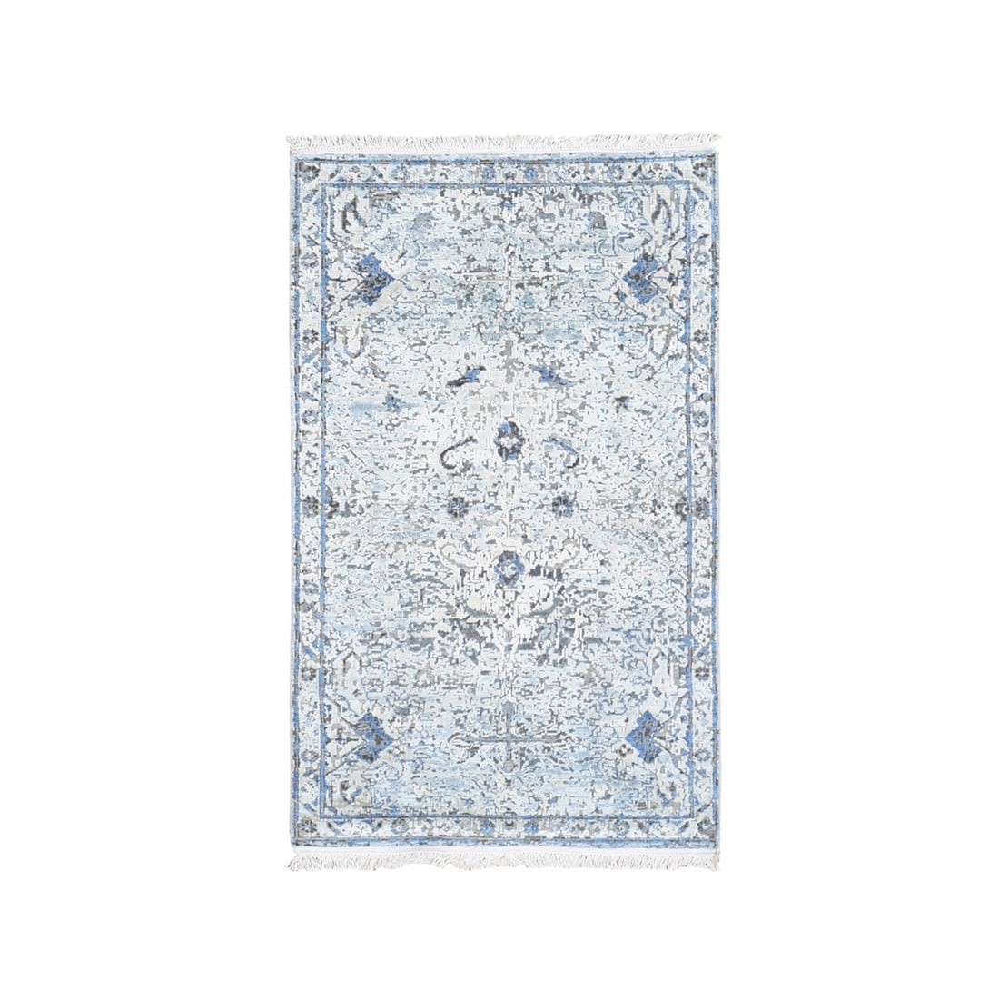 3'x5'2" Blue Pure Silk with Text Wool Distressed Oushak Hand Knotted Rug (1 of 7)