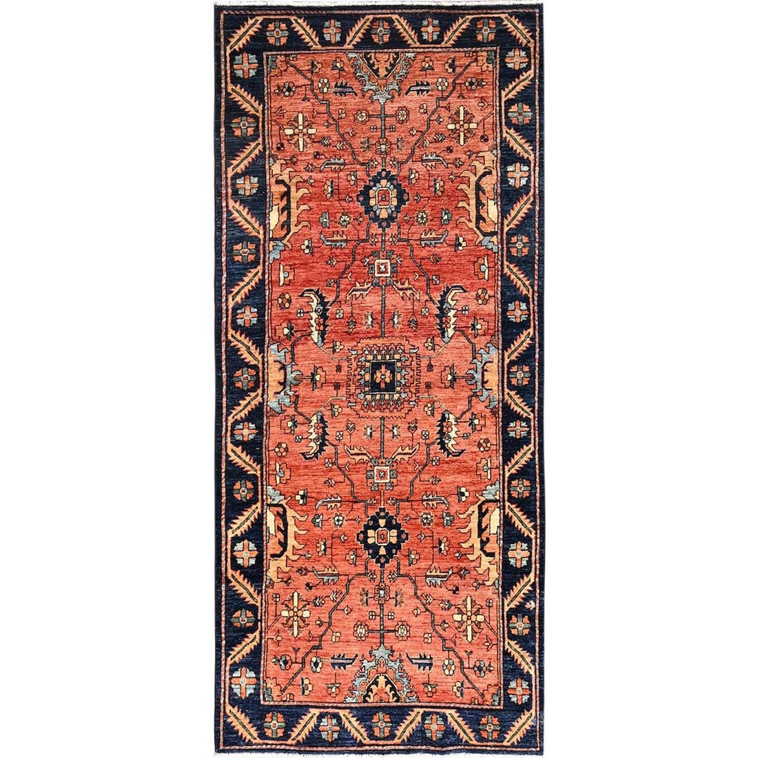 Rust Red 4'x9'3 Hand Knotted Wool Soft Heris Over All Design Rug: Rust Red 4'x9'3 Hand Knotted Wool Soft Heris Over All Design Rug Softly glowing with a warm rust red hue, this 4'x9'3 hand knotted wool Heris runner rug boasts a stunning all-over design that adds a t