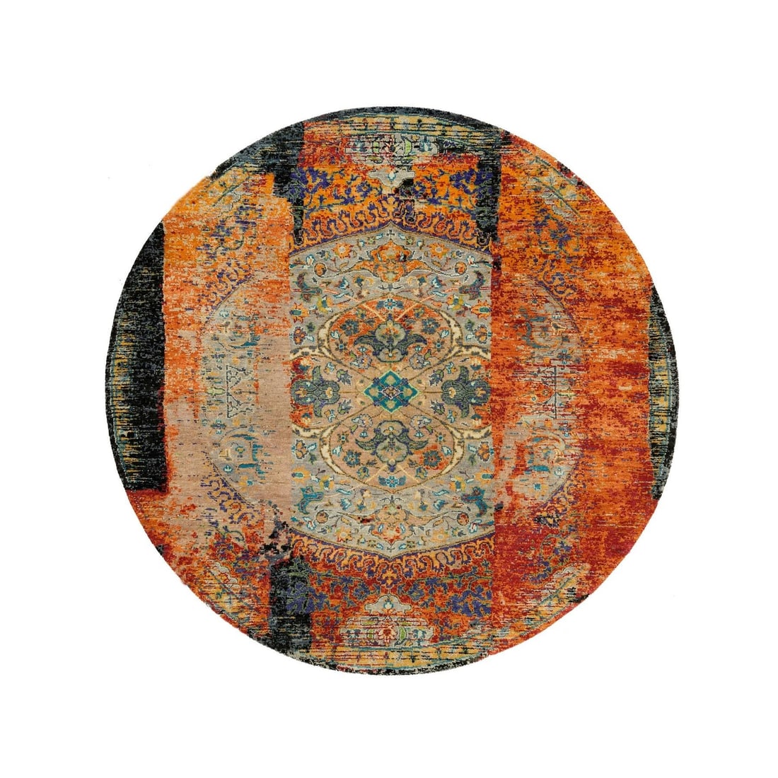 Handknotted Round Rug Orange Wool Ancient Erased Ottoman Design 6'1"x6'1: Handknotted Round Rug Orange Wool Ancient Erased Ottoman Design 6'1"x6'1 Hand-knotted with precision, this vibrant orange wool rug boasts an ancient, erased Ottoman design, adding a touch of timeless 