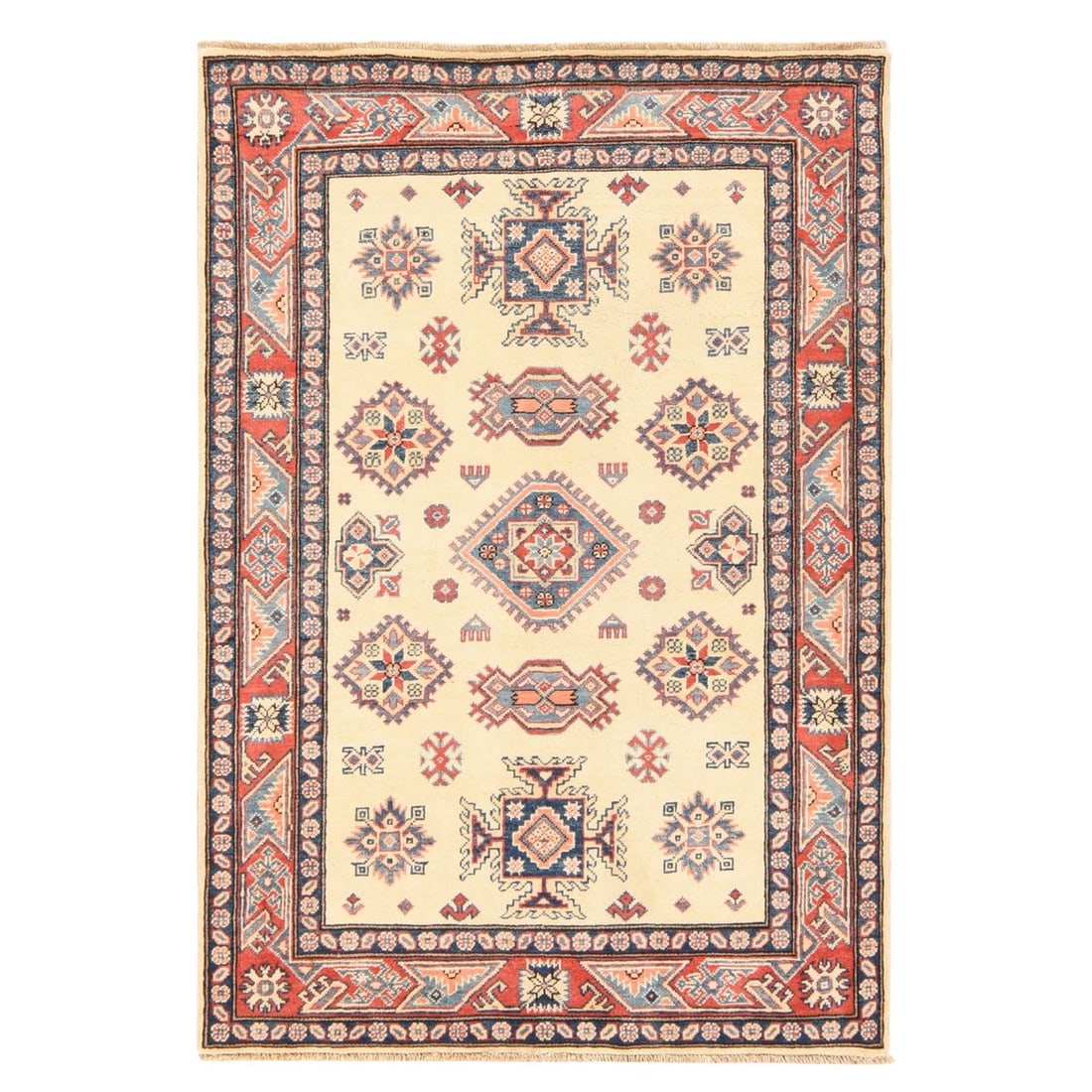 4'x5'7" Ivory Special Kazak Geometric Design Pure Wool Hand Knotted Rug: 4'x5'7" Ivory Special Kazak Geometric Design Pure Wool Hand Knotted Rug Ivory Special Kazak Geometric Design Pure Wool Hand Knotted Rug: This stunning 4'x5'7" hand-knotted rug boasts a striking ivory 