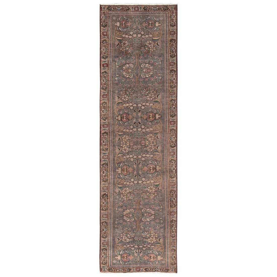 3'x10'10" Brown Vintage Zoroastrian Pure Wool Hand Knotted Runner Rug: 3'x10'10" Brown Vintage Zoroastrian Pure Wool Hand Knotted Runner Rug This stunning 3'x10'10" brown vintage Zoroastrian pure wool hand knotted runner rug boasts an all-over regional design, showcasing