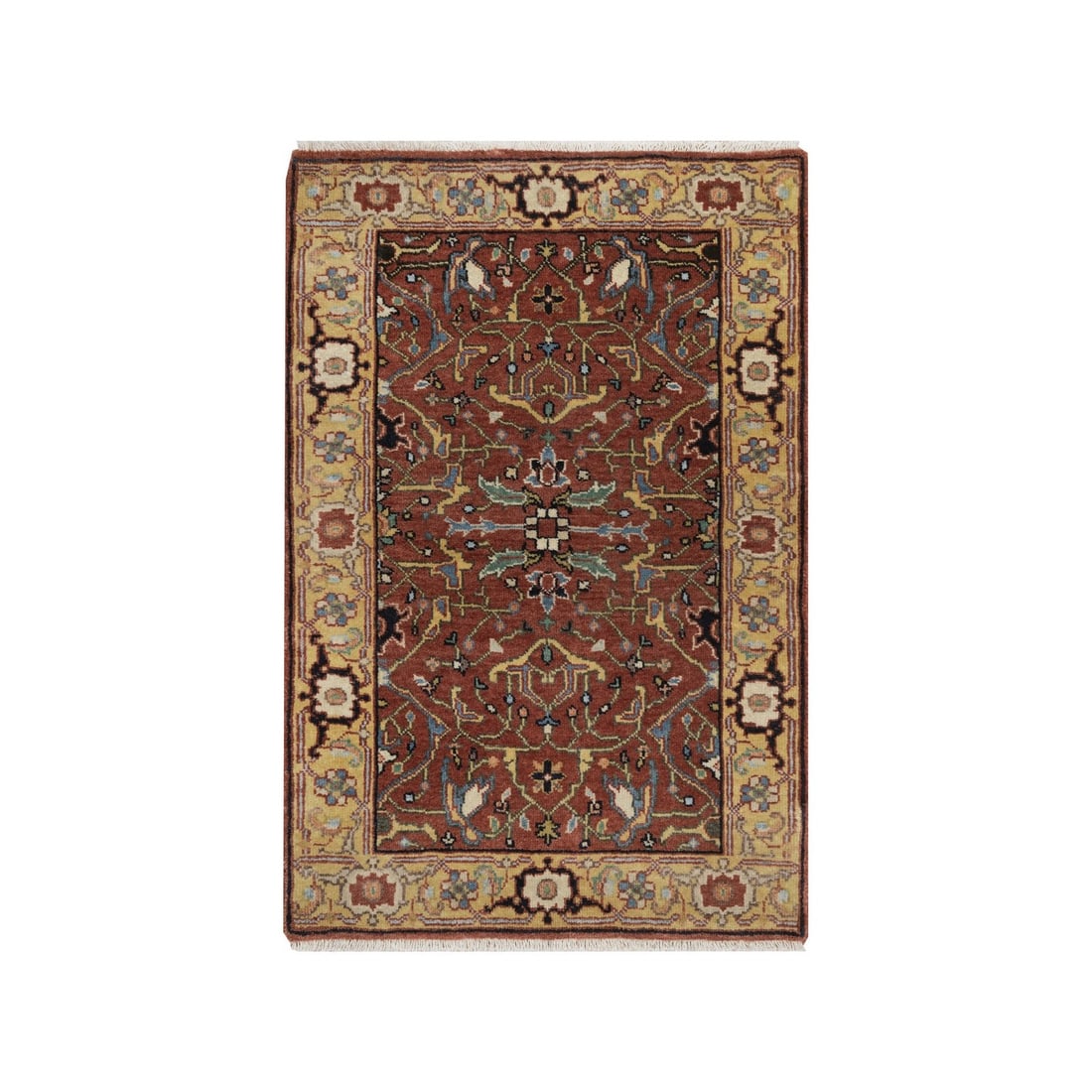 Heris All Over Design Hand Knotted Mat New Zealand Wool 2'x3: Heris All Over Design Hand Knotted Mat New Zealand Wool 2'x3 Hand-knotted with love, this vibrant 2'x3' Heris All Over Design rug boasts a stunning red field surrounded by intricate regional design, w
