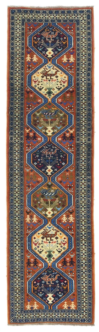 2'8 X 10'3 Handmade Wool Runner Rug Tribal Oriental Hallway Carpet 3X10 Ft Hand-Knotted: 2'8 X 10'3 Handmade Wool Runner Rug Tribal Oriental Hallway Carpet 3X10 Ft Hand-Knotted Hand-knotted in wool, this 2'8 x 10'3' runner rug boasts a vibrant, burnt orange and light green color palette, 