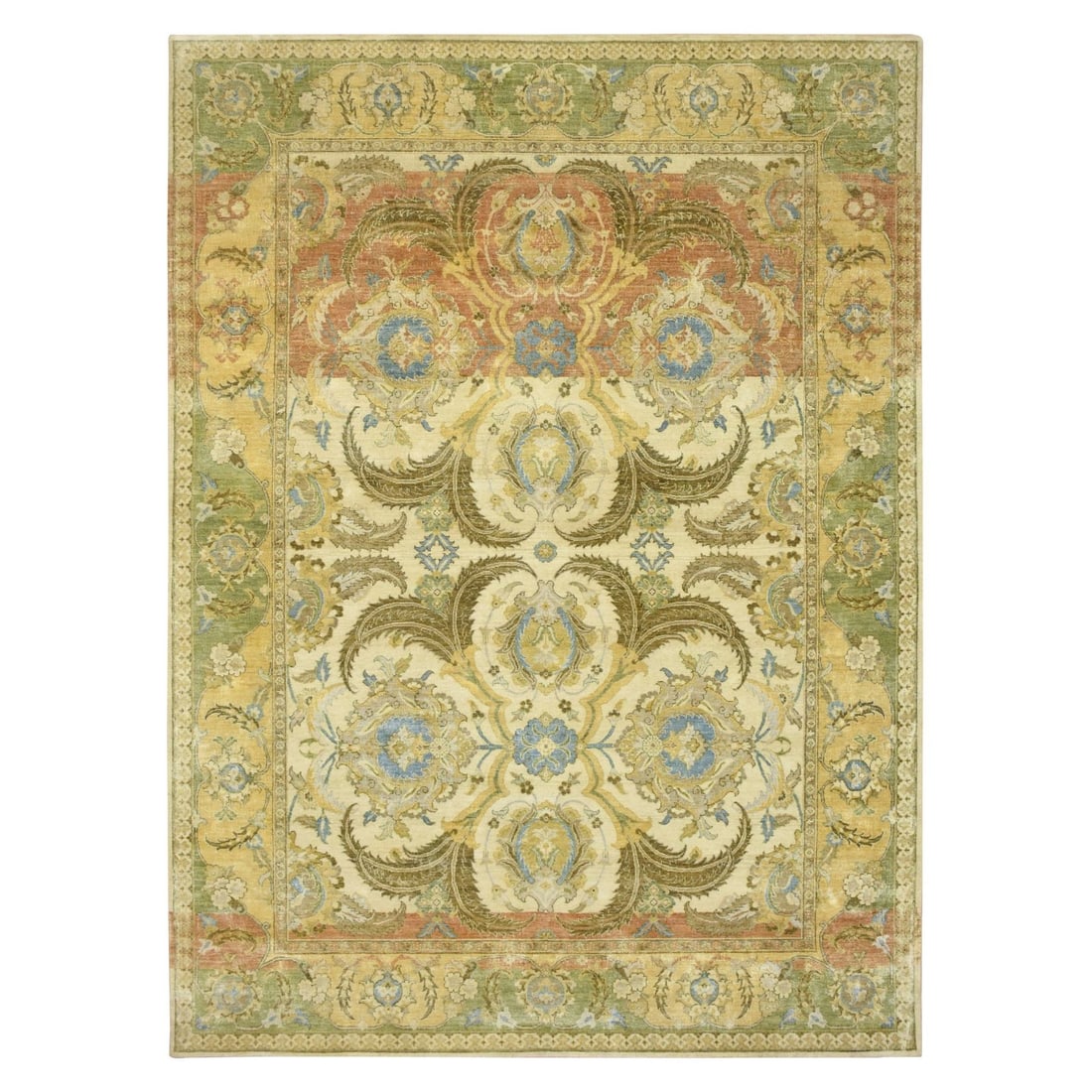 9'x12'3" Yellow Polonaise Design Distinct Abrash Hand Knotted Silk Rug: 9'x12'3" Yellow Polonaise Design Distinct Abrash Hand Knotted Silk Rug Yellow Polonaise Design Distinct Abrash Hand Knotted Silk Rug, measuring 9'0" x 12'3", boasts a vibrant all-over regional design 