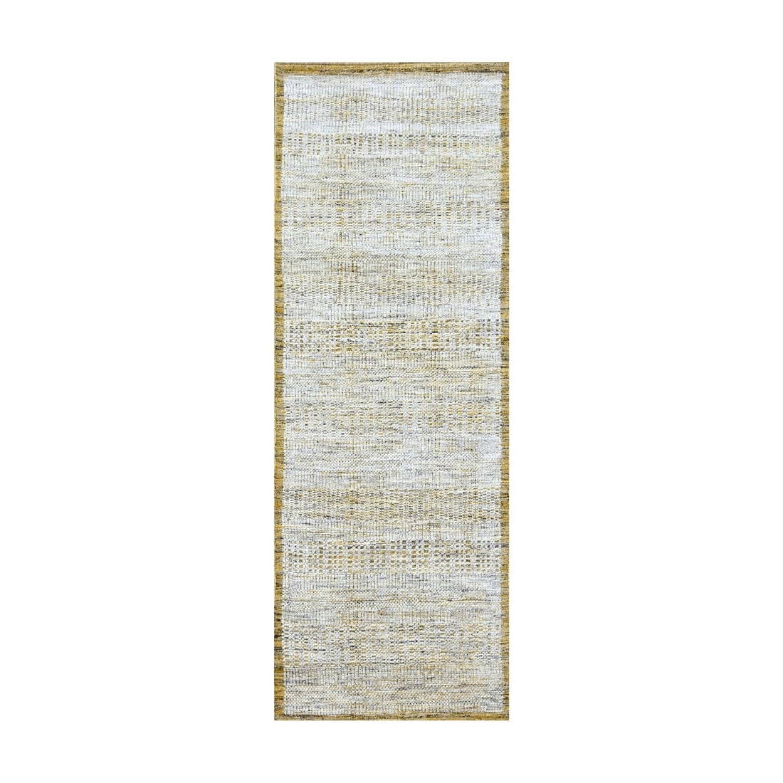 2'8"x6' White & Yellow Oxidized Grass Design Hand Knotted Wool Runner Rug: 2'8"x6' White & Yellow Oxidized Grass Design Hand Knotted Wool Runner Rug Hand-knotted wool runner rug with a striking white and yellow oxidized grass design, adding a touch of modern elegance to any 