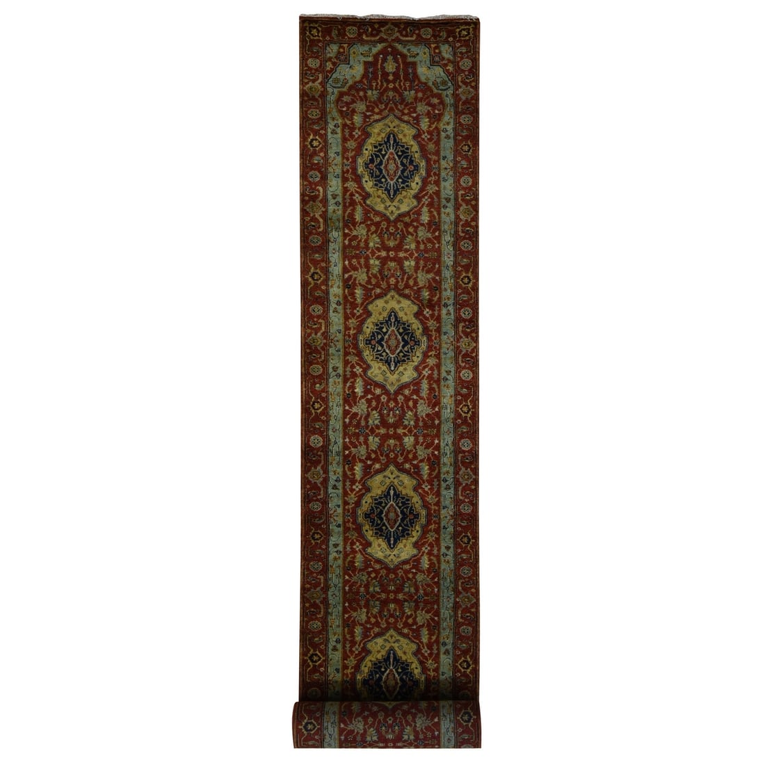 2'7"x17'7" Brick Red Antiqued Heris Wool Hand Knotted XL Runner Rug: 2'7"x17'7" Brick Red Antiqued Heris Wool Hand Knotted XL Runner Rug The 2'7"x17'7" Brick Red Antiqued Heris Wool Hand Knotted XL Runner Rug is a stunning example of traditional craftsmanship, boasting