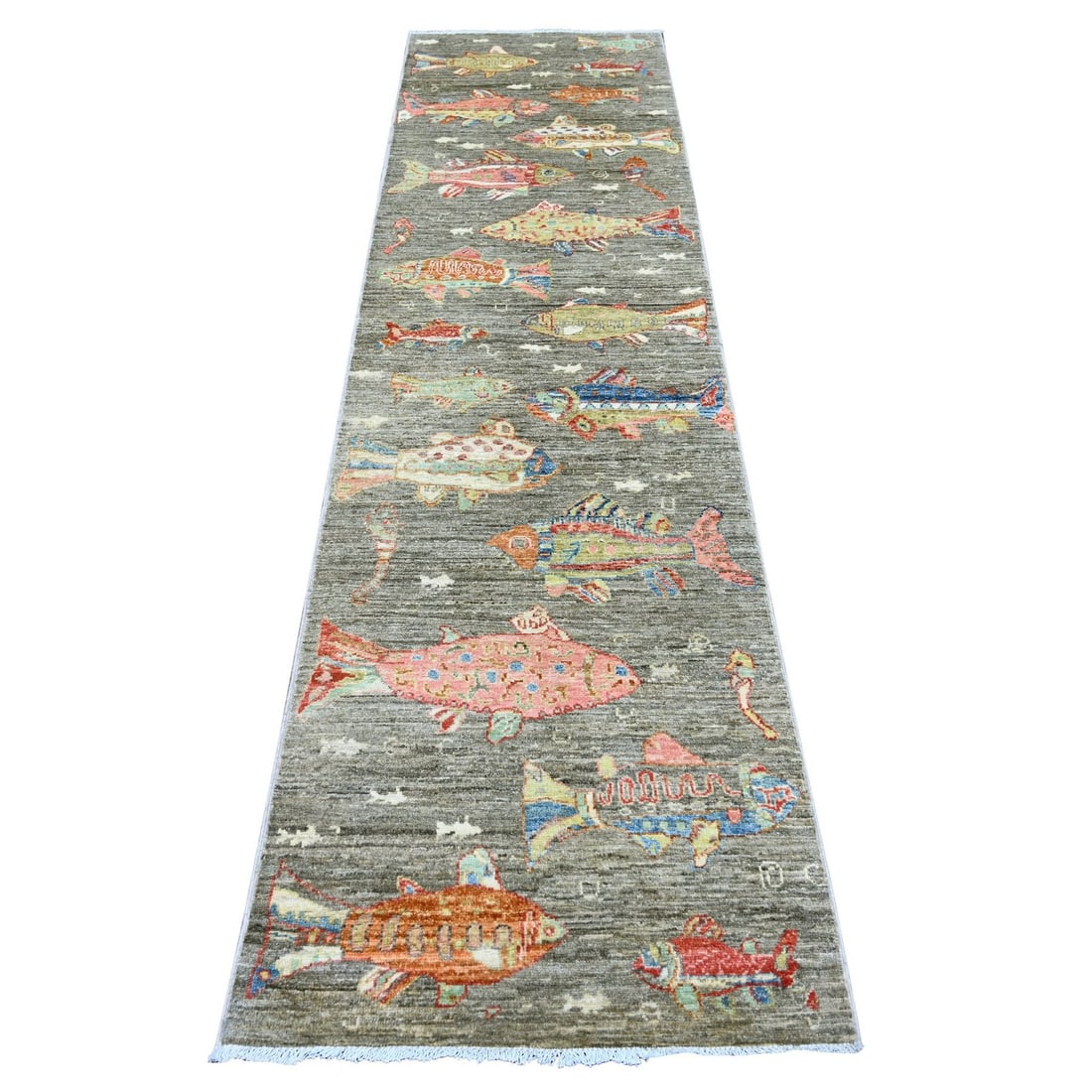 2'6"x9'7" Stone Gray Peshawar Fish Design Hand Knotted Wool Runner Rug: 2'6"x9'7" Stone Gray Peshawar Fish Design Hand Knotted Wool Runner Rug The 2'6"x9'7" Stone Gray Peshawar Fish Design Hand Knotted Wool Runner Rug is a stunning example of traditional Afghan craftsmans