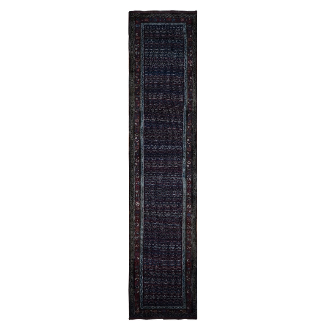 Blue Wool Hand Knotted Rug Kirdish Bejar Antique Wide Runner 3'7"x16'6: Blue Wool Hand Knotted Rug Kirdish Bejar Antique Wide Runner 3'7"x16'6 Hand-knotted in wool, this stunning Blue Wool Hand Knotted Rug boasts an intricate Oriental Regional Design, characteristic of Tu