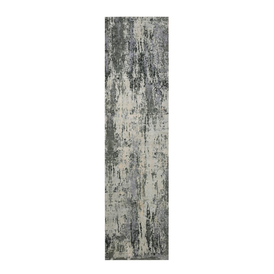 2'7"x10'2" Gray Wool and Silk Denser Weave Hand Knotted Runner Rug: 2'7"x10'2" Gray Wool and Silk Denser Weave Hand Knotted Runner Rug The 2'7"x10'2" Gray Wool and Silk Denser Weave Hand Knotted Runner Rug boasts a stunning denser weave, expertly crafted with a blend 