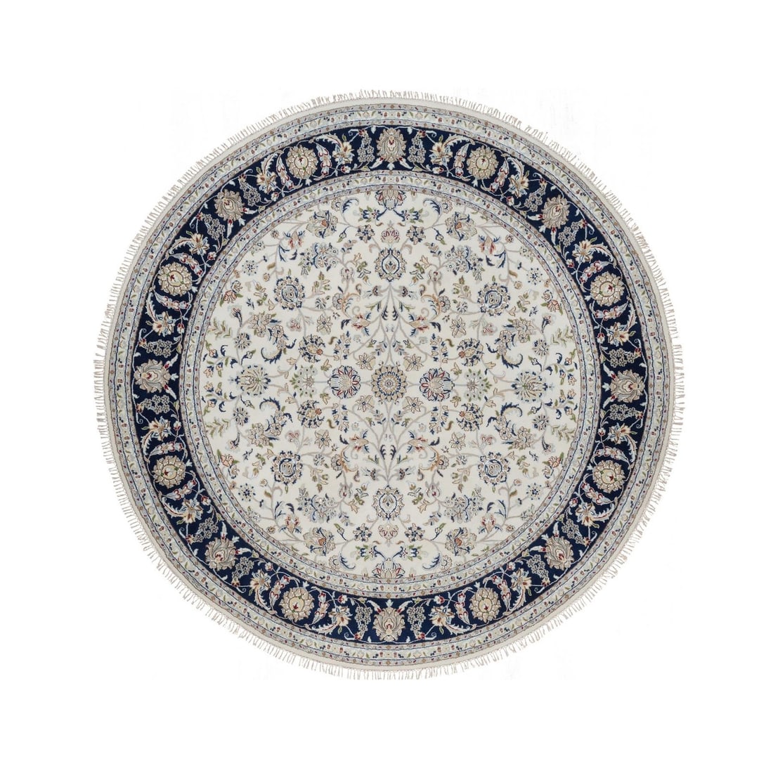 Ivory Wool Silk Nain Flower Design Round Rug Hand Knotted 7'9: Ivory Wool Silk Nain Flower Design Round Rug Hand Knotted 7'9 Hand-knotted in wool and silk, this 7'9" x 7'9" round rug boasts an all-over Nain design, showcasing a beautiful ivory field with subtle a