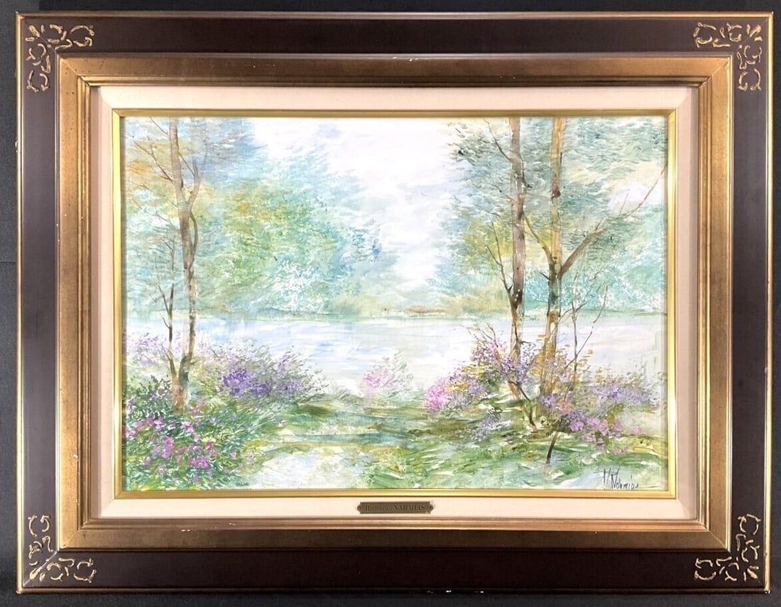 Richard Nahmias (French) Oil Painting Landscape w/ Flowers & River Original Art (1 of 10)