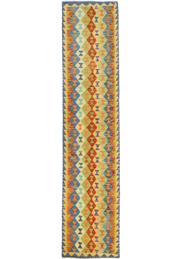 2'8X12'7 Reversible Kilim Runner Rug Multicolored Geometric Oriental Carpet Hand-Knotted: 2'8X12'7 Reversible Kilim Runner Rug Multicolored Geometric Oriental Carpet Hand-Knotted Hand-knotted in wool, this reversible kilim runner features a striking multicolored geometric pattern woven in 