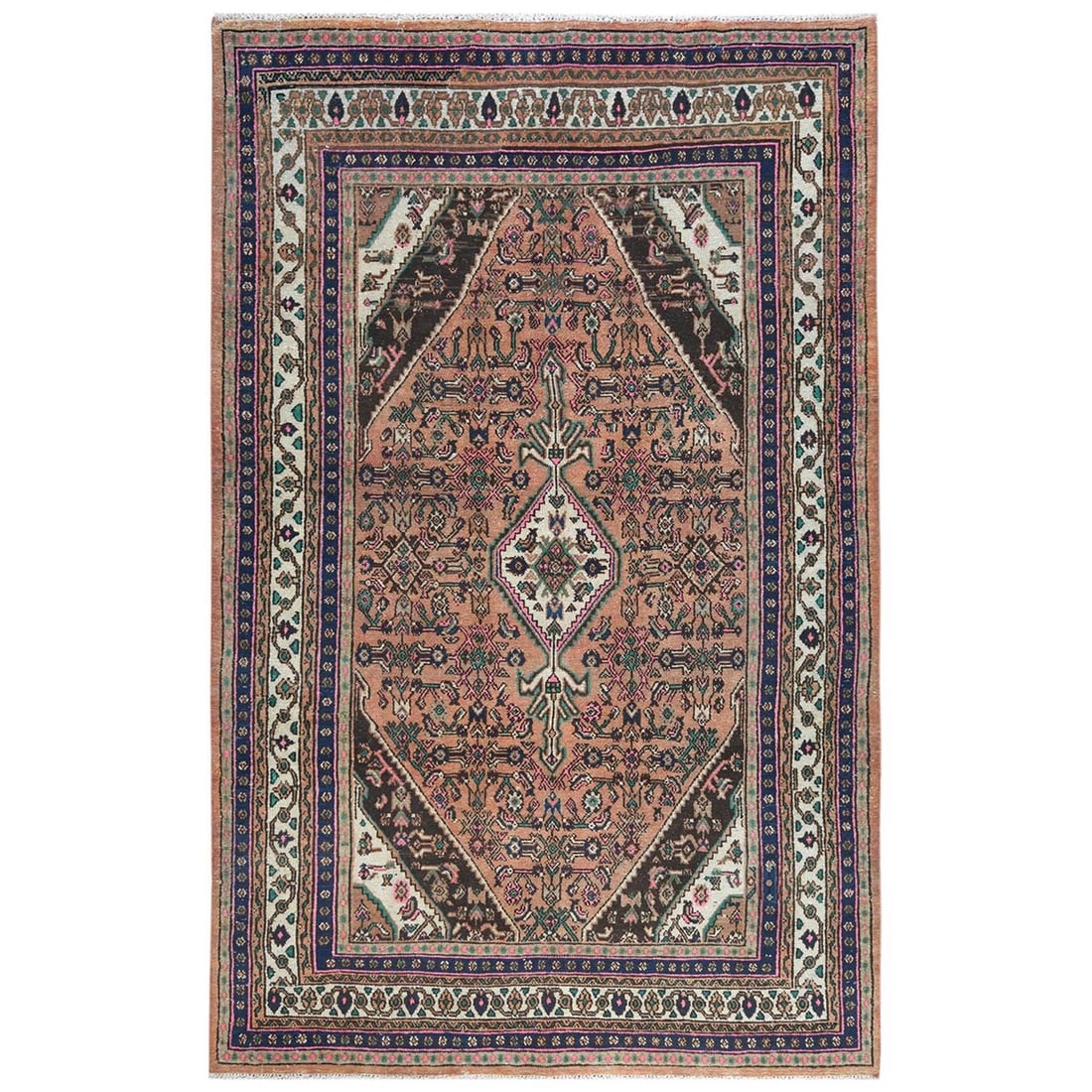 6'8"x10'3" Orange Hand Knotted Vintage Farsian Amadan Worn Wool Rug: 6'8"x10'3" Orange Hand Knotted Vintage Farsian Amadan Worn Wool Rug 100% Wool, 6'8"x10'3" Orange Hand Knotted Vintage Farsian Amadan Worn Wool Rug, showcasing a unique and vibrant orange color, with a