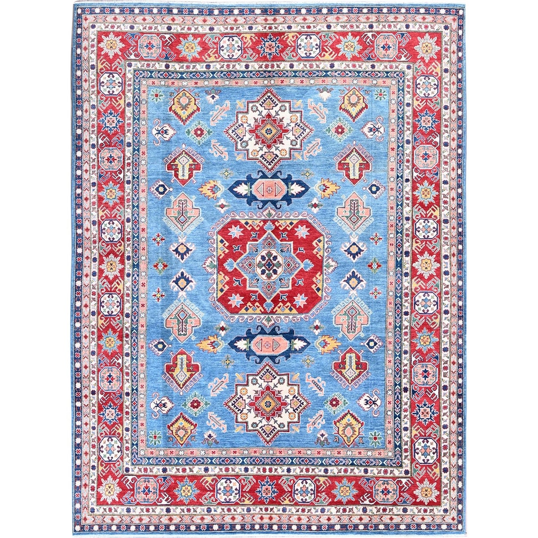 Blue Kazak with Geometric Design 8'10"x11'8" Hand Knotted Soft Wool Rug: Blue Kazak with Geometric Design 8'10"x11'8" Hand Knotted Soft Wool Rug Soft and vibrant, this 8'10"x11'8" Blue Kazak rug boasts a stunning geometric design in shades of blue, ivory, and red, woven in
