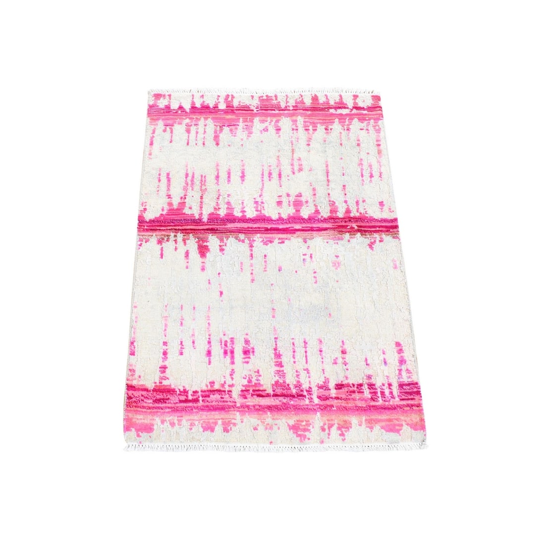 2'x3'2" Ivory Cardiac Design Silk with Textured Wool Hand Knotted Mat Rug: 2'x3'2" Ivory Cardiac Design Silk with Textured Wool Hand Knotted Mat Rug Modern and elegant, this 2'0" x 3'2" hand-knotted wool and silk rug boasts a striking ivory color and intricate textured desig