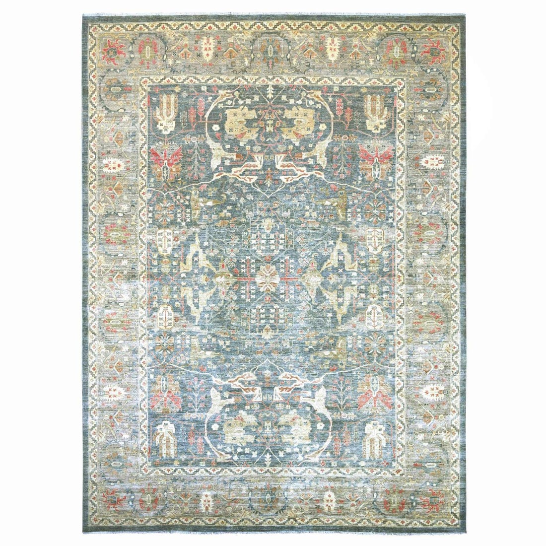 Peshawar Gray 12'x15'10" Bijar Garus Hand Knotted Wool Rug: Peshawar Gray 12'x15'10" Bijar Garus Hand Knotted Wool Rug The Peshawar Gray 12'x15'10" Bijar Garus Hand Knotted Wool Rug is a stunning example of traditional Afghan craftsmanship, boasting a rich, al