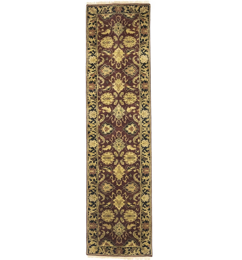 27X10 Handmade Wool Oriental Runner Rug Agra Jaipur Floral Hallway Carpet Hand-Knotted: 27X10 Handmade Wool Oriental Runner Rug Agra Jaipur Floral Hallway Carpet Hand-Knotted Hand-knotted in rich wool, this 27x10 foot Agra Jaipur floral hallway carpet boasts a stunning burgundy and golde