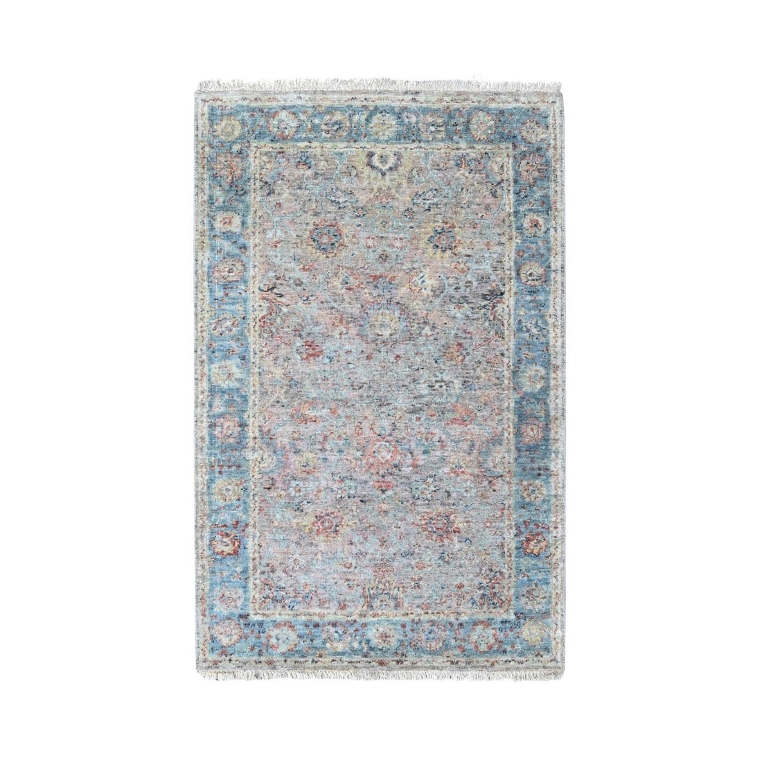 3'x5' Whisper Pink Hand Knotted Ziegler Mahal Design Zero Pile Pure Wool: 3'x5' Whisper Pink Hand Knotted Ziegler Mahal Design Zero Pile Pure Wool Whisper Pink is a stunning 3'x5' Oushak-style hand-knotted wool rug in a beautiful all-over design. Its rectangular field featu