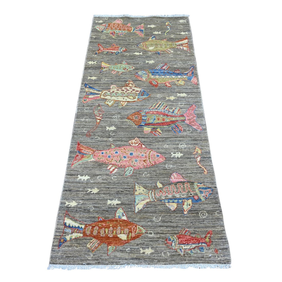 Brown Oceanic Fish Peshawar Wool Hand Knotted Runner Rug 2'7"x6: Brown Oceanic Fish Peshawar Wool Hand Knotted Runner Rug 2'7"x6 Hand-knotted in traditional Peshawar style, this stunning wool runner rug boasts a rich, earthy brown color reminiscent of the ocean. Me