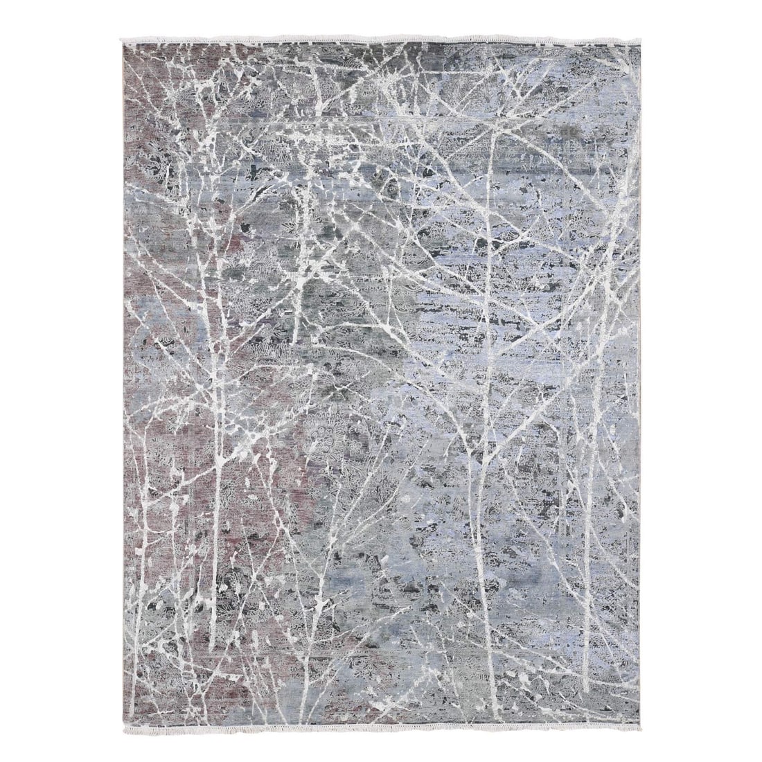 7'7"x10'1" Gray Hand Knotted Broken Zoroastrian Design Silk with Wool Rug: 7'7"x10'1" Gray Hand Knotted Broken Zoroastrian Design Silk with Wool Rug Hand-knotted with wool and silk, this 7'7"x10'1" Zoroastrian design rug boasts a striking grey field with intricate patterns. 
