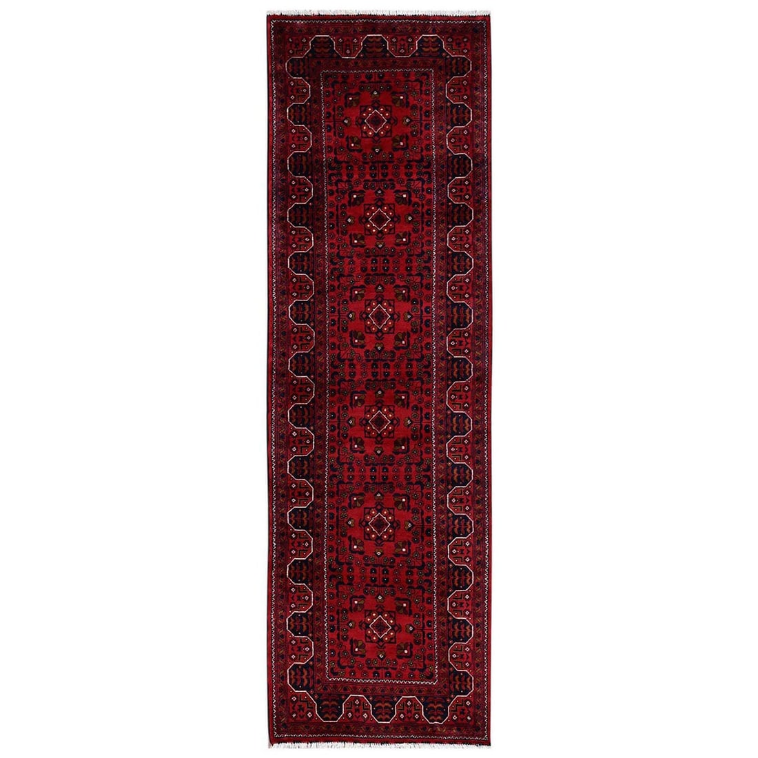 2'9"x9'8" Red Afghan Andkhoy with Geometric Motif Hand Knotted Wool Runner: 2'9"x9'8" Red Afghan Andkhoy with Geometric Motif Hand Knotted Wool Runner The 2'9"x9'8" Red Afghan Andkhoy with Geometric Motif Hand Knotted Wool Runner is a stunning piece of hand-knotted wool artis