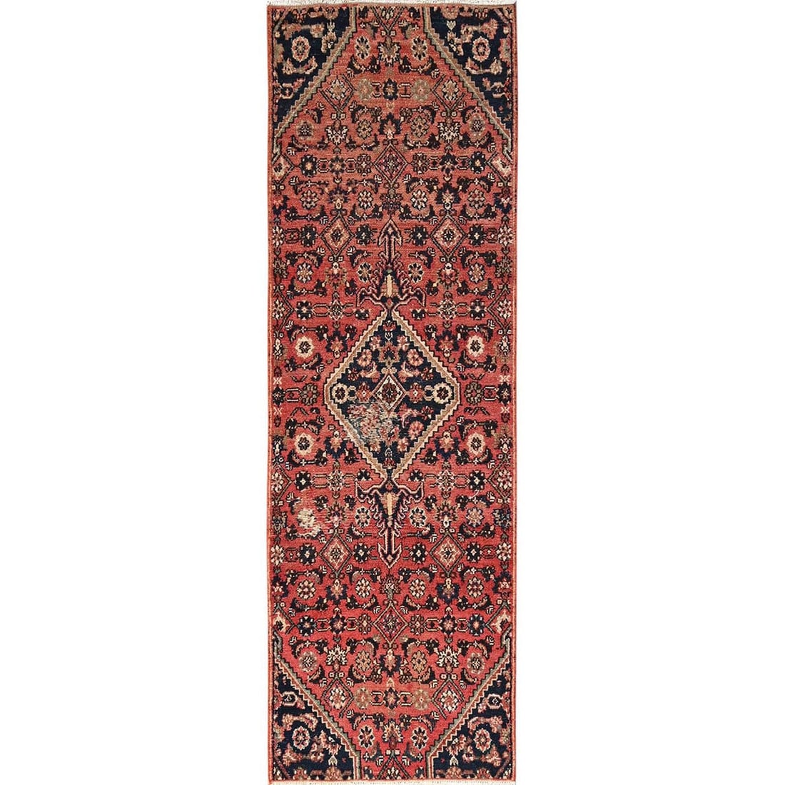 2'6"x8'6" Blush Red Vintage Zoroastrian 100% Wool Hand Knotted Runner Rug: 2'6"x8'6" Blush Red Vintage Zoroastrian 100% Wool Hand Knotted Runner Rug This stunning 2'6"x8'6" Blush Red Vintage Zoroastrian Hand Knotted Wool Runner Rug boasts a rich, vibrant color and intricate 
