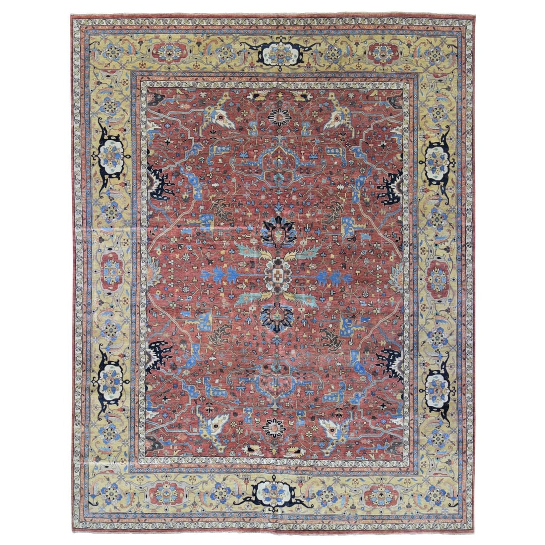 12'x14'10" Red Antiqued Heris Hand Knotted Wool Oversized Oriental Rug: 12'x14'10" Red Antiqued Heris Hand Knotted Wool Oversized Oriental Rug The 12'x14'10" Red Antiqued Heris Hand Knotted Wool Oversized Oriental Rug boasts a stunning red field with intricate brown, blue