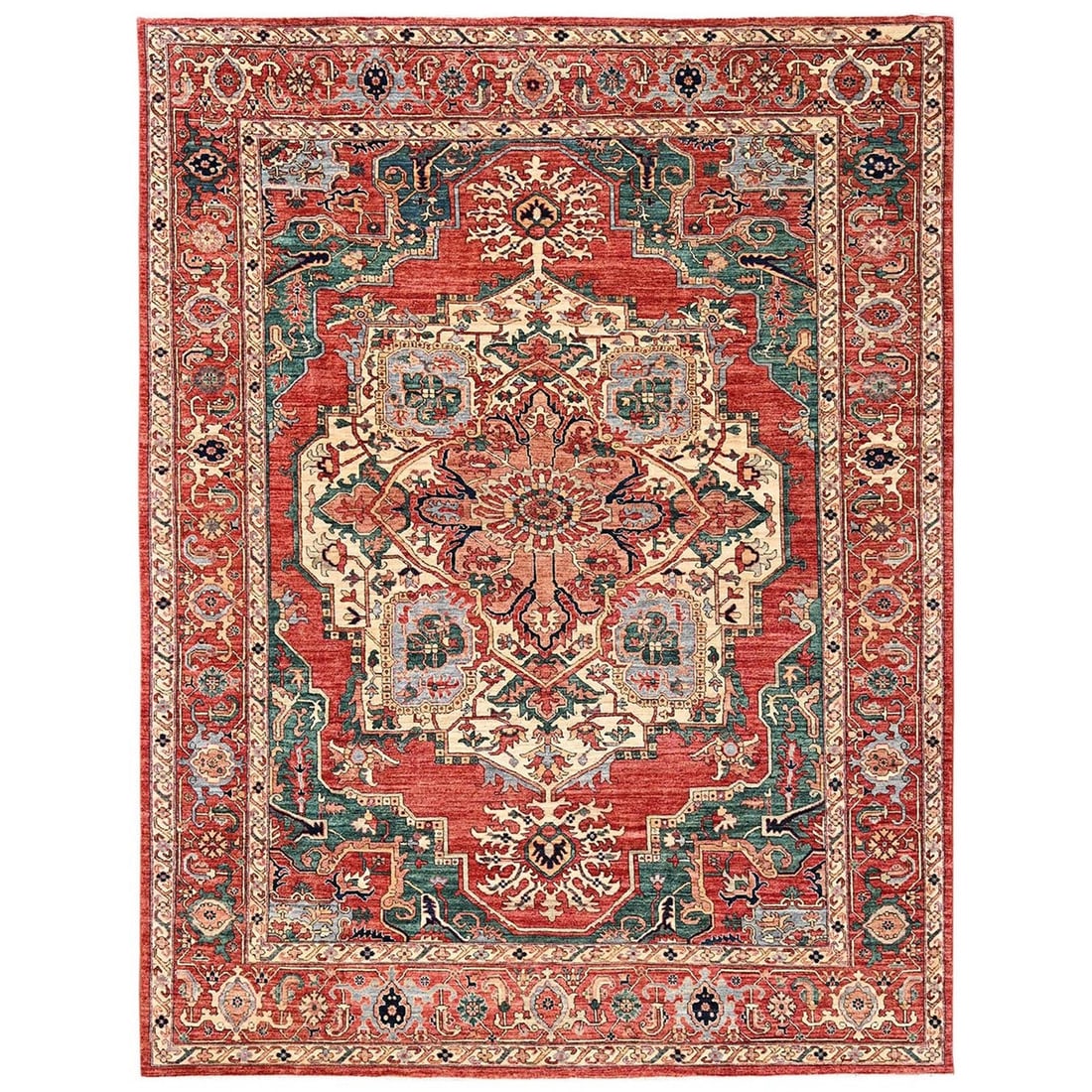 Coral Red Coral Red Seeipe Heris 9'x11'7" Wool Hand Knotted Rug: Coral Red Coral Red Seeipe Heris 9'x11'7" Wool Hand Knotted Rug The Coral Red Seeipe Heris 9'x11'7" Wool Hand Knotted Rug is a stunning example of traditional Afghan craftsmanship, boasting a rich, vi