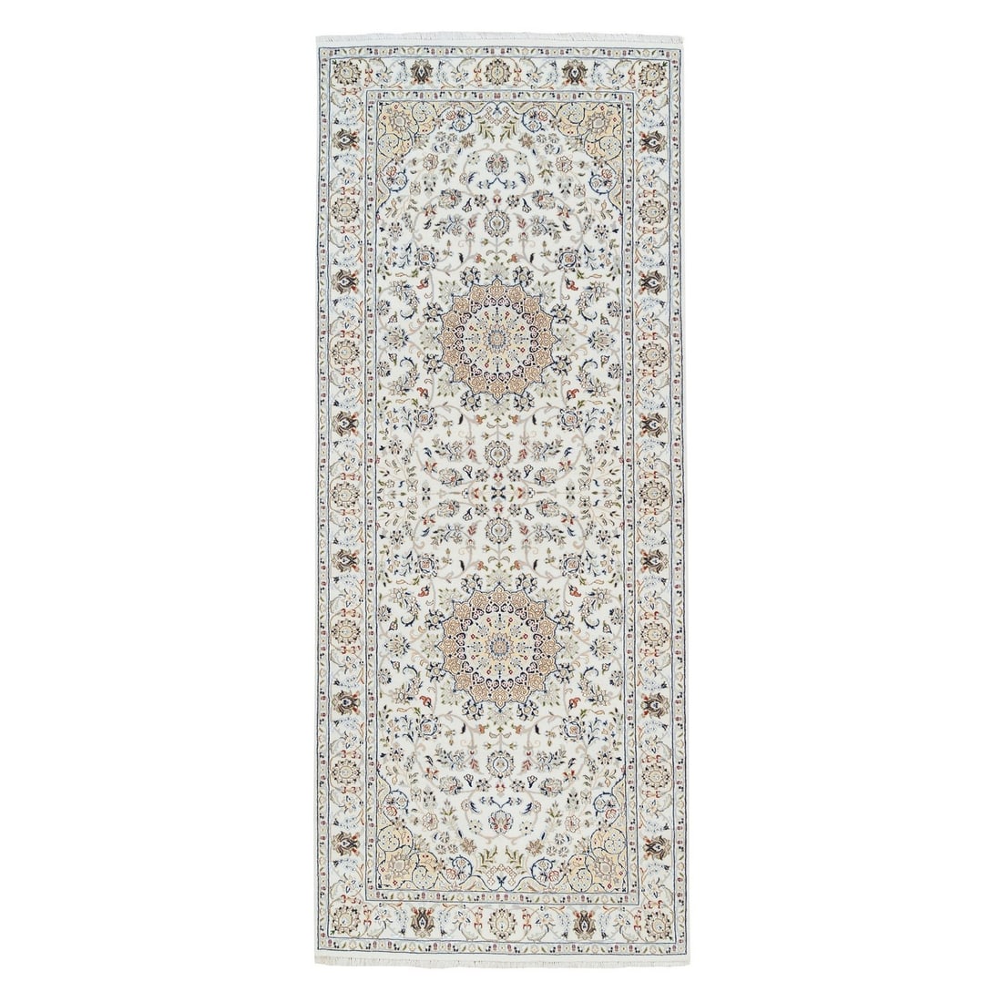 4'2"x10'1" Ivory Nain 250 KPSI Wool Hand Knotted Wide Runner Rug: 4'2"x10'1" Ivory Nain 250 KPSI Wool Hand Knotted Wide Runner Rug Ivory Nain 250 KPSI Wool Hand Knotted Wide Runner Rug measures 4'2" x 10'1" and features a classic Oriental design with a subtle ivory 