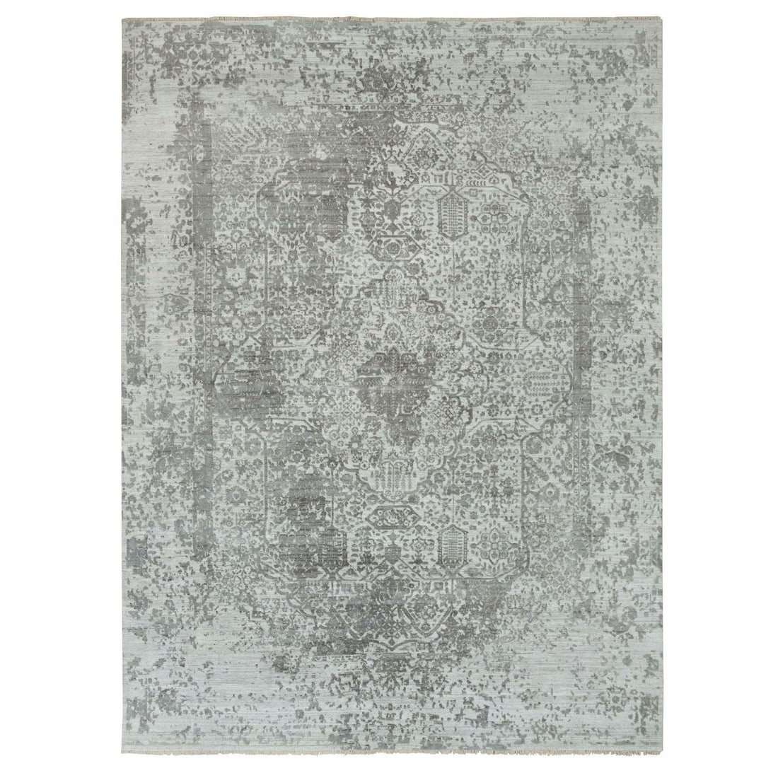 9'x12' Gainsboro Grey Wool and Silk Hand Knotted Zoroastrian Design Rug: 9'x12' Gainsboro Grey Wool and Silk Hand Knotted Zoroastrian Design Rug Grey Wool and Silk Hand Knotted Zoroastrian Design Rug measures 8'11" x 11'11" and features an intricate Oriental design, woven 