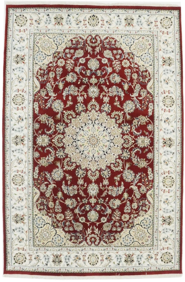 Handmade Indo-Nain Oriental Rug Classic Floral Design Living Room Carpet 6X9 Ft Hand-Knotted: Handmade Indo-Nain Oriental Rug Classic Floral Design Living Room Carpet 6X9 Ft Hand-Knotted Hand-knotted in wool and silk, this 6x9 ft Classic Floral Design Indo-Nain Oriental Rug boasts a traditiona