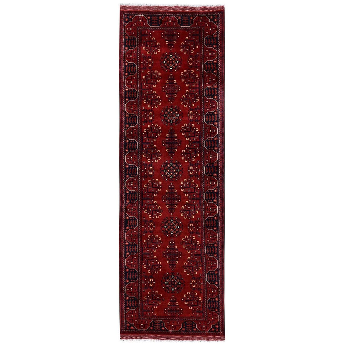 3'x9'6" Red Afghan Andkhoy with Tribal Design Wool Hand Knotted Runner Rug: 3'x9'6" Red Afghan Andkhoy with Tribal Design Wool Hand Knotted Runner Rug Red Afghan Andkhoy wool hand-knotted runner rug with a vibrant all-over tribal design, measuring 3'0" x 9'6" and featuring a 