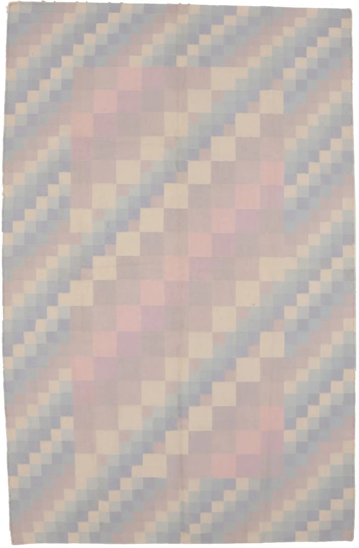 5'6X8'6 Multicolored Geometric Indian Dhurrie Oriental Rug Flat-Woven Carpet Hand-Knotted: 5'6X8'6 Multicolored Geometric Indian Dhurrie Oriental Rug Flat-Woven Carpet Hand-Knotted This stunning, hand-woven multicolored geometric Indian dhurrie rug boasts a unique blend of pastel hues, incl